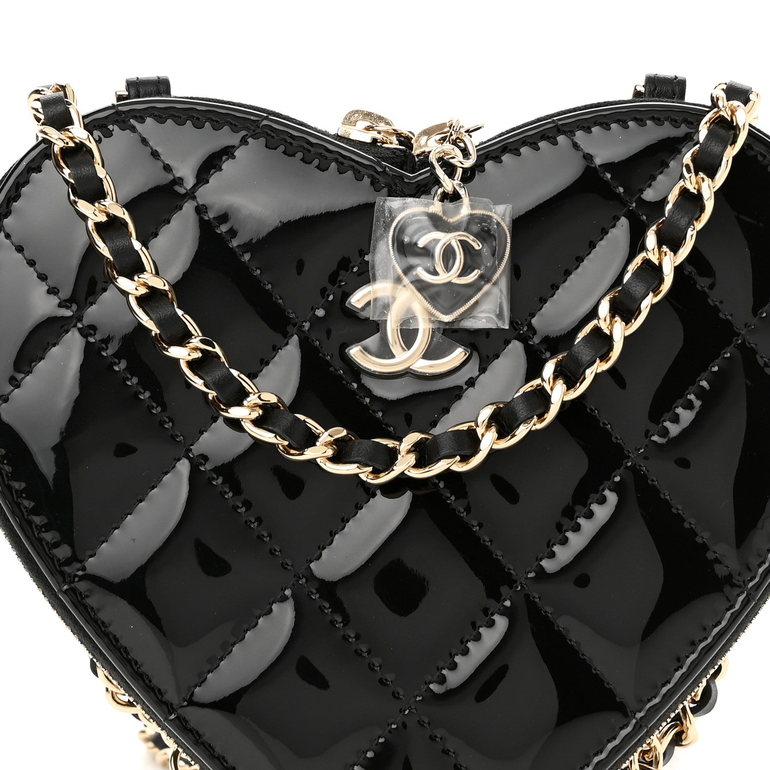 Chanel Patent Calfskin Resin Quilted CC Heart Clutch With Chain Black 12 of 17