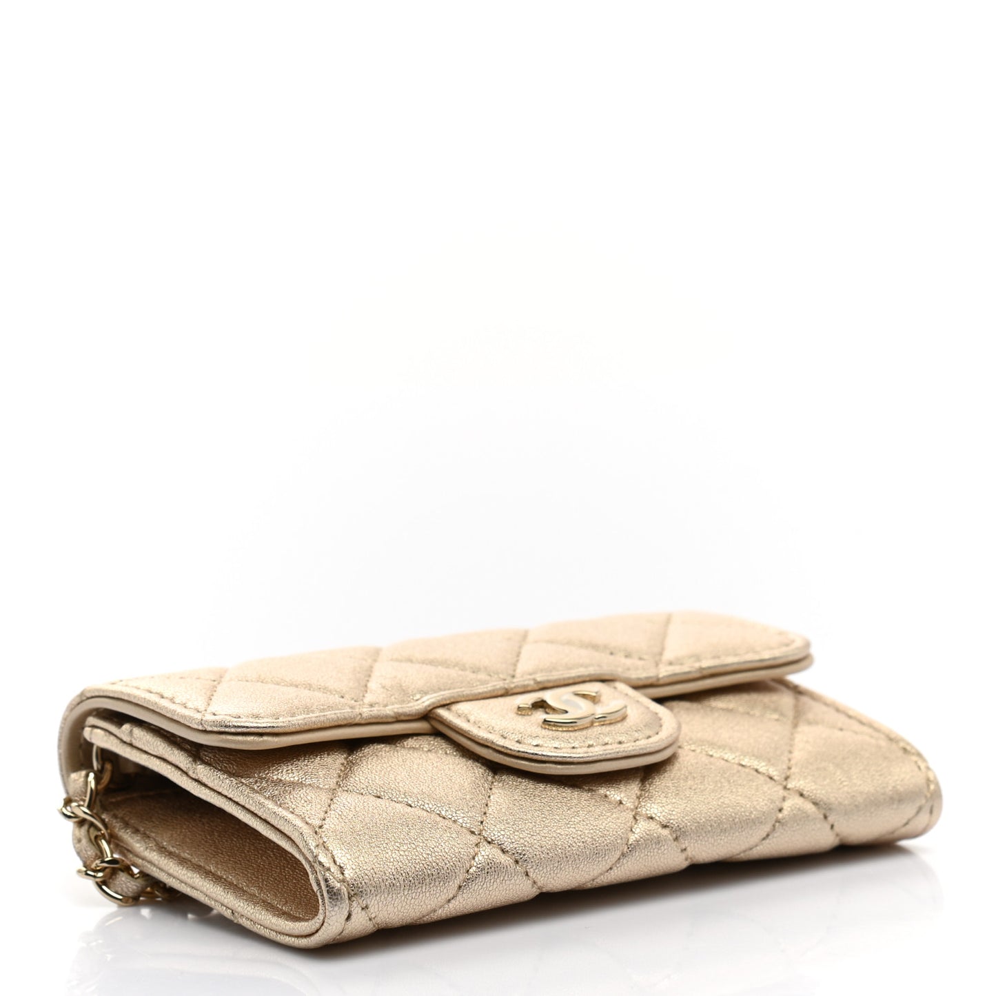 Metallic Lambskin Quilted Flap Chain Waist Bag Gold