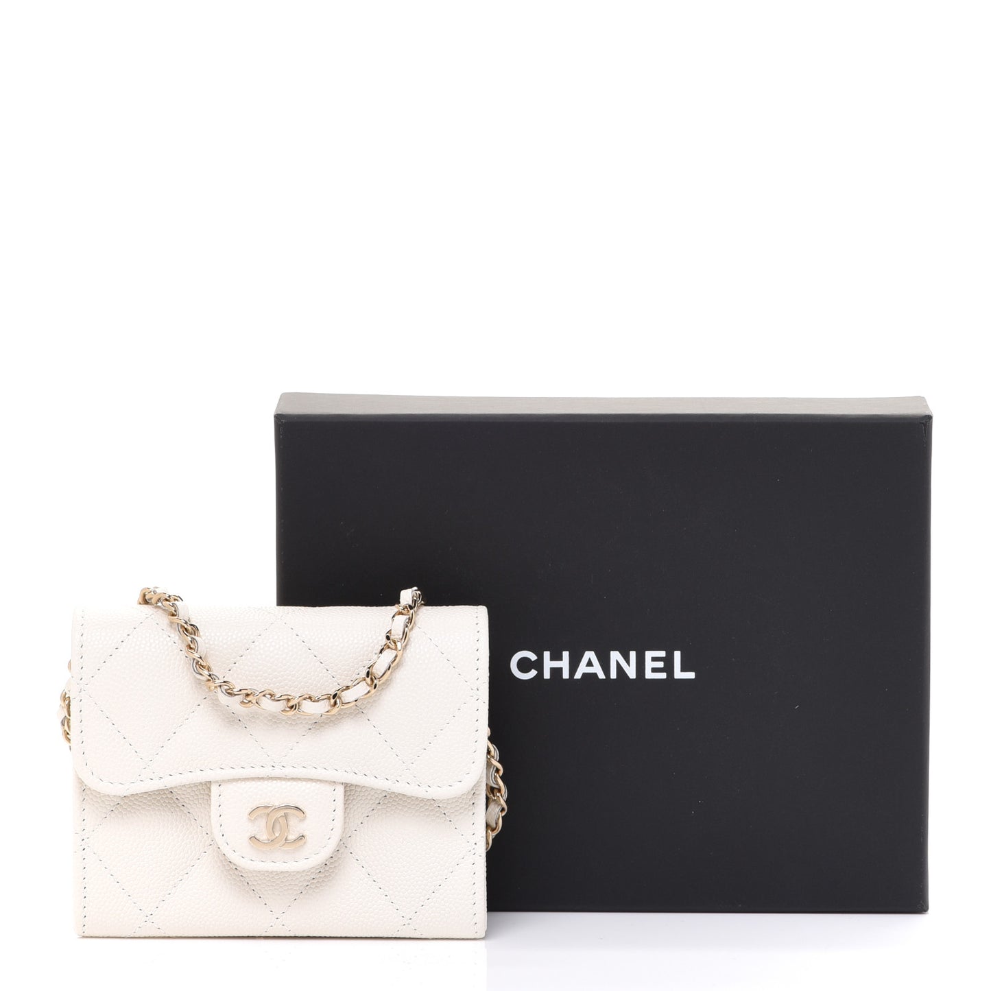 Caviar Quilted Flap Card Holder On Chain White