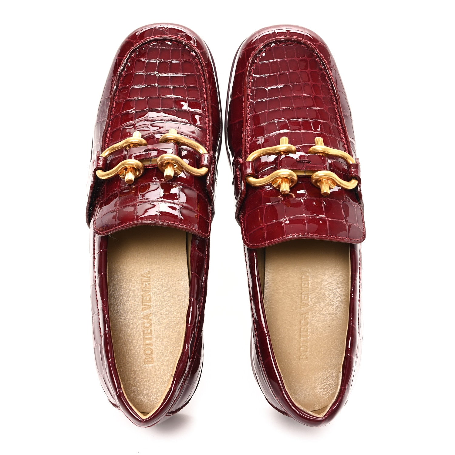 Bottega Veneta Glossy Calfskin Crocodile Embossed Monsieur Loafers 38.5 Cherry 2 of 9