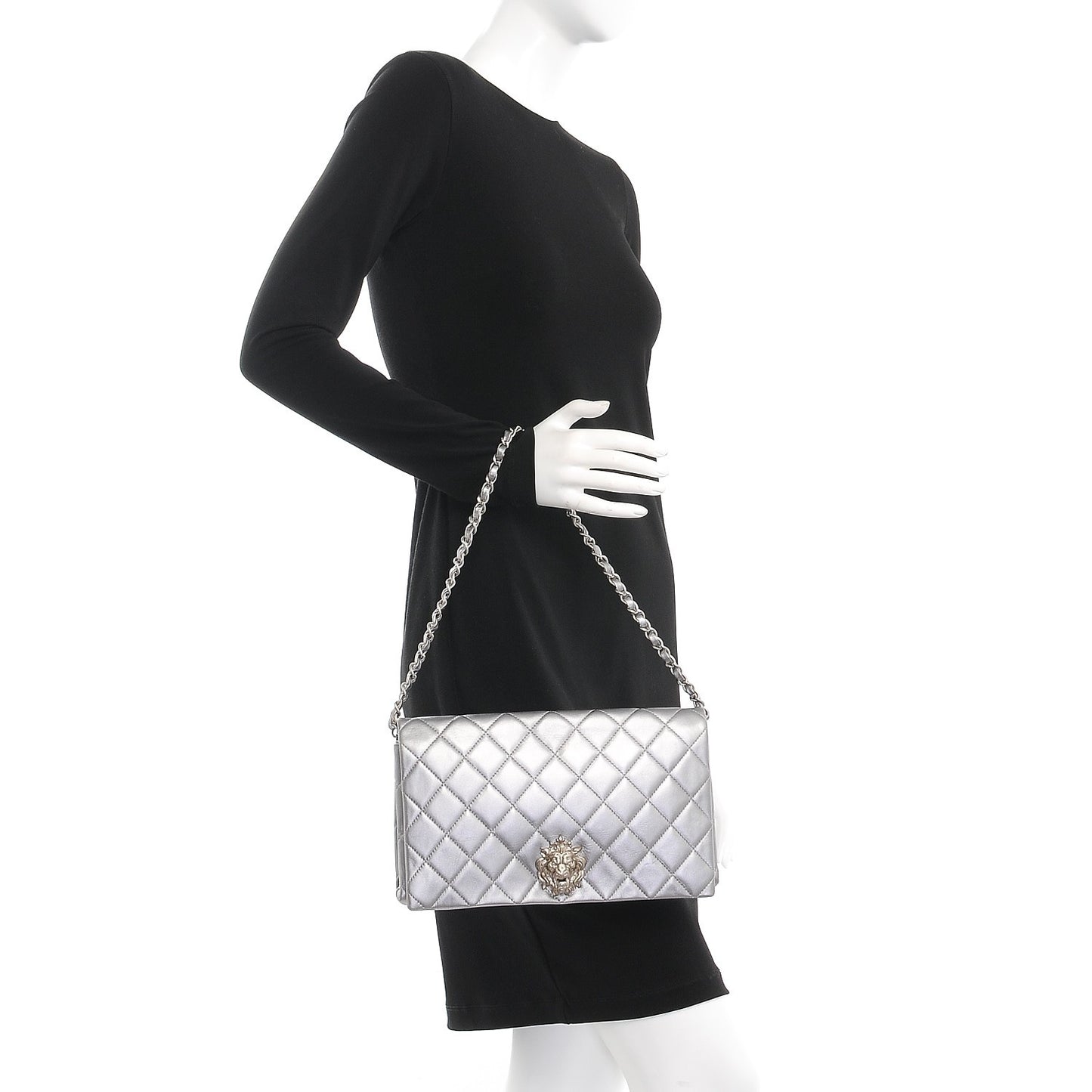 Metallic Lambskin Quilted Medium Leo Lion Flap Clutch Silver