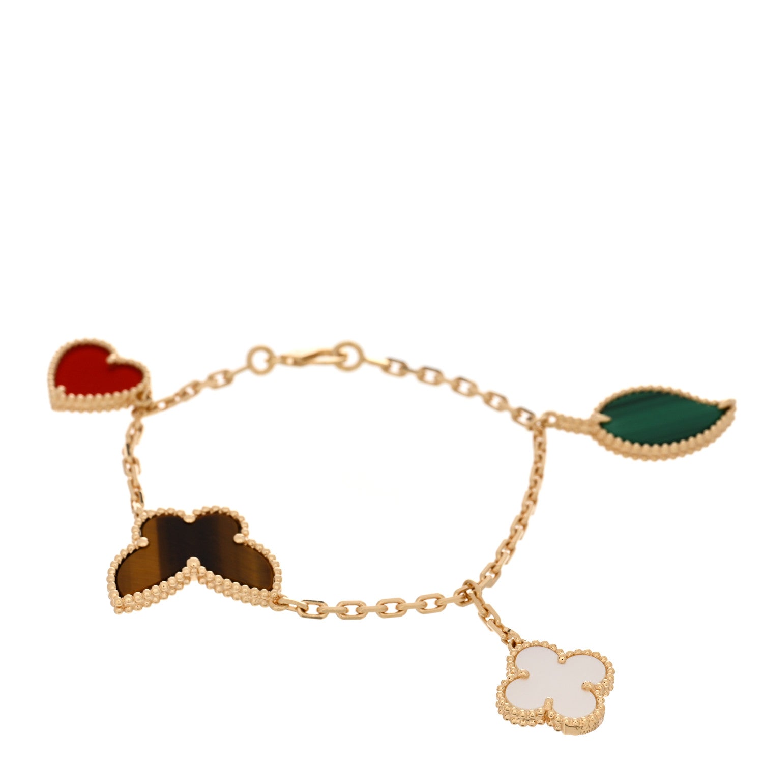 Van Cleef & Arpels 18K Yellow Gold Mother of Pearl Malachite Carnelian Tiger Eye 4 Motifs Lucky Alhambra Bracelet 1 of 4