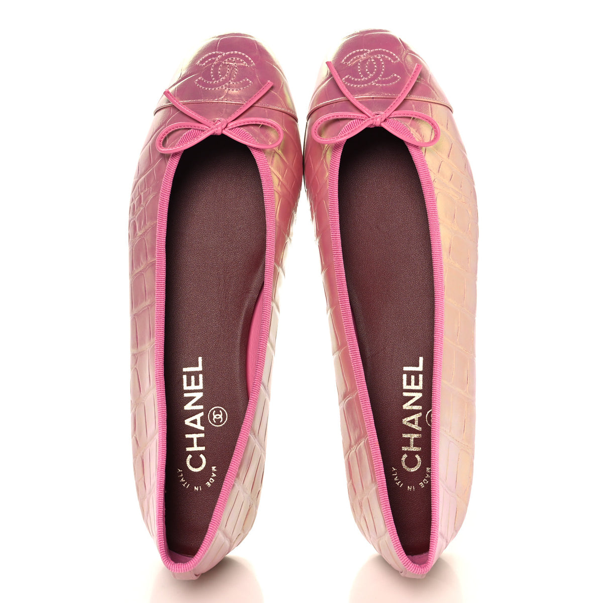 Iridescent Calfskin Crocodile Embossed Ballerina Flats 40 Pink
