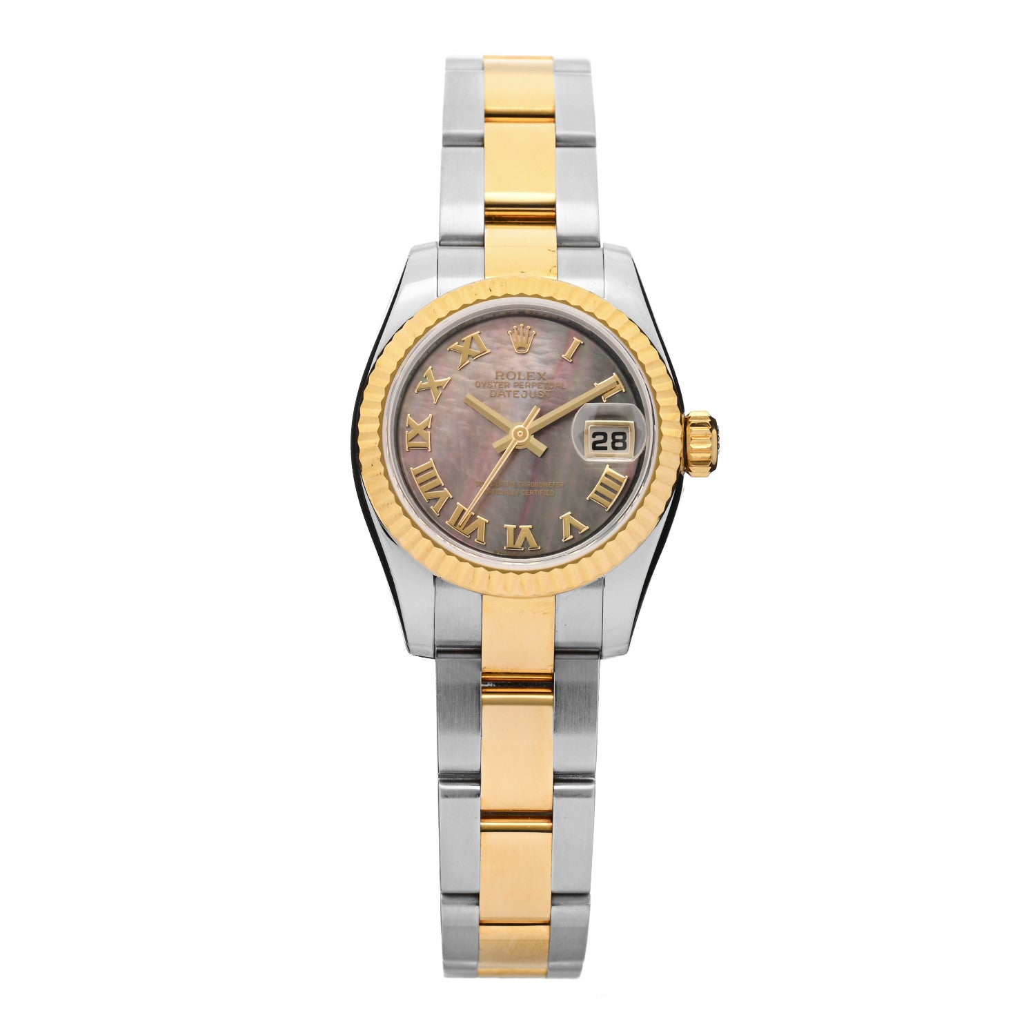 Rolex Stainless Steel 18K Yellow Gold Black Mother of Pearl 26mm Oyster Perpetual Datejust Watch Roman 179173 1 of 3