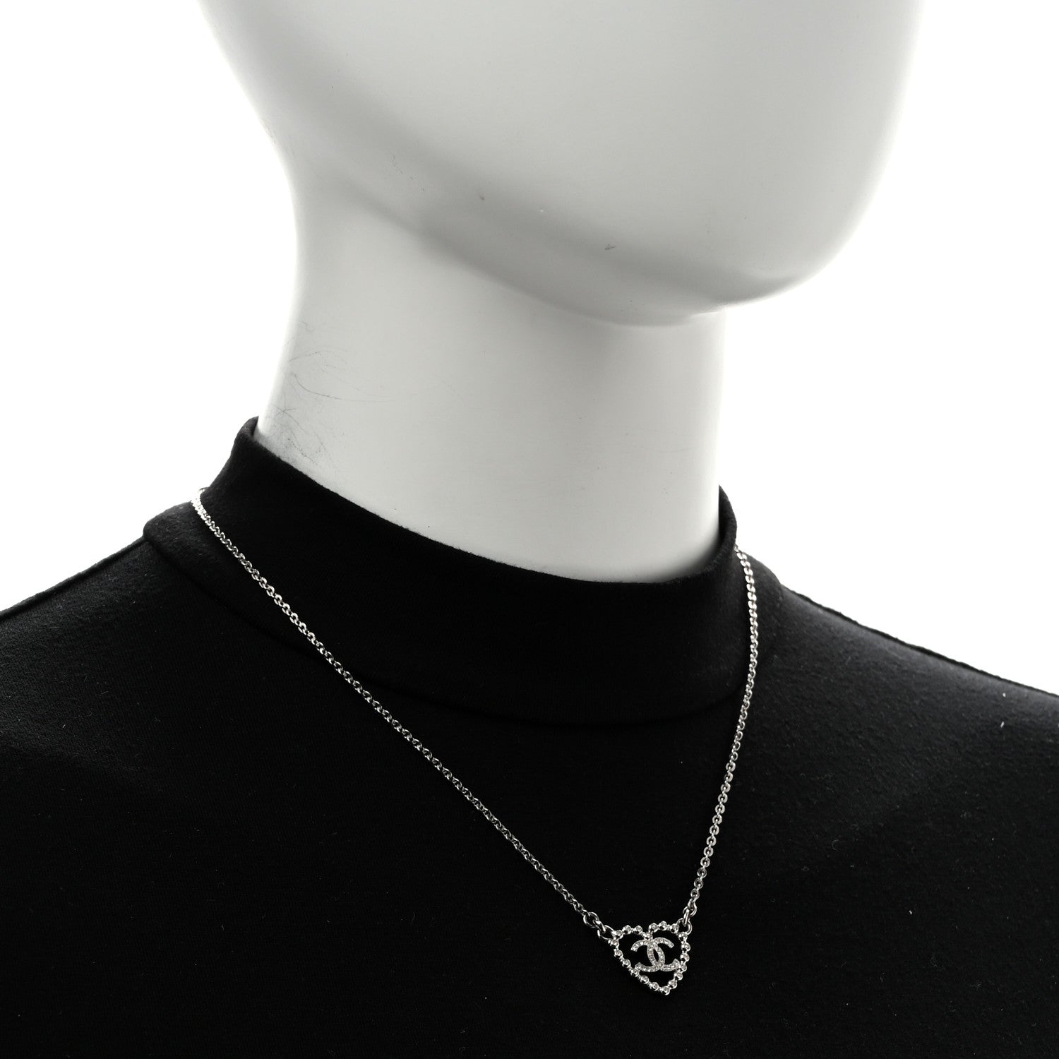 Chanel Crystal CC Heart Necklace Silver 2 of 6
