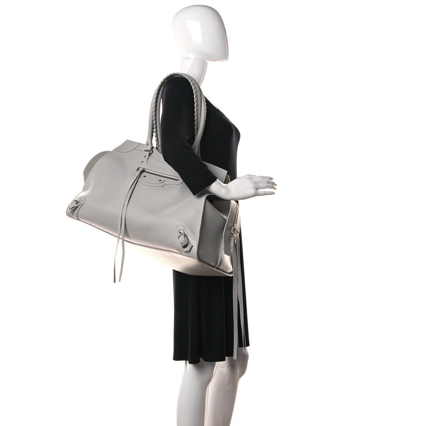 Grained Calfskin Neo Classic Silver Hardware Large Top Handle Bag Light Grey