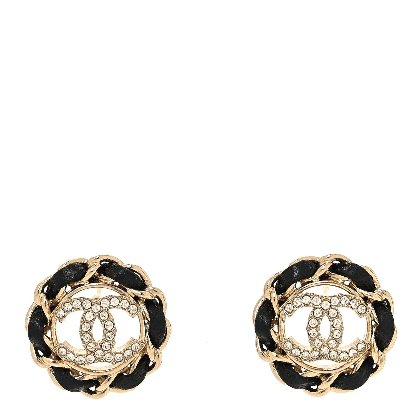 Crystal Lambskin Chain CC Stud Earrings Black Gold