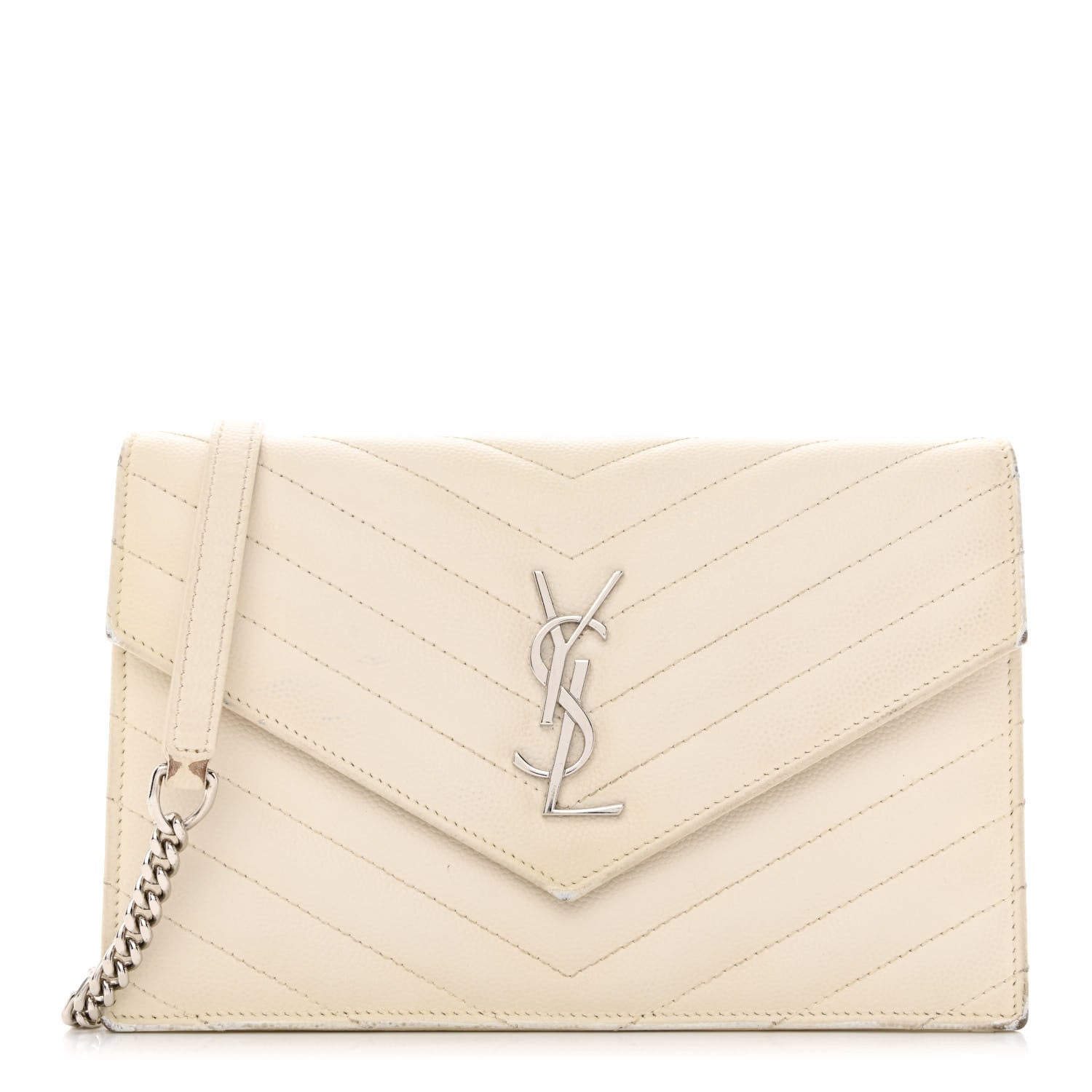 Saint Laurent Grain De Poudre Matelasse Chevron Monogram Envelope Chain Wallet White 1 of 21