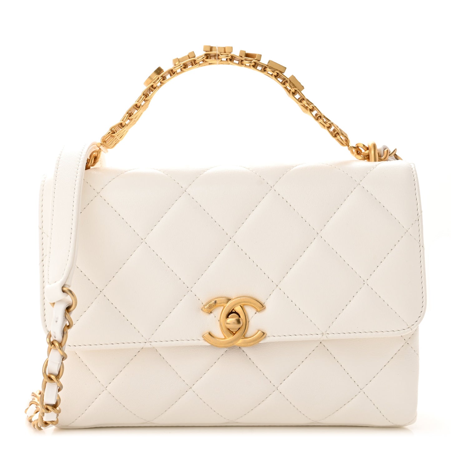 Lambskin Quilted Small CC Crystal Logo Chain Flap White