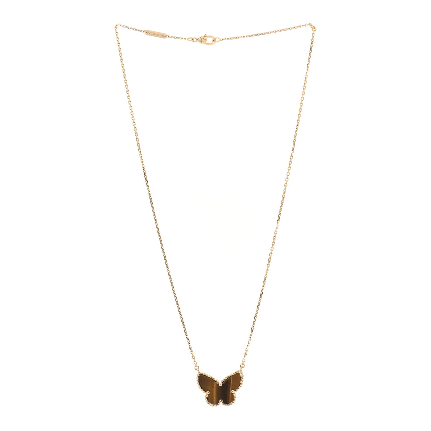 18K Yellow Gold Tiger Eye Lucky Alhambra Butterfly Pendant Necklace