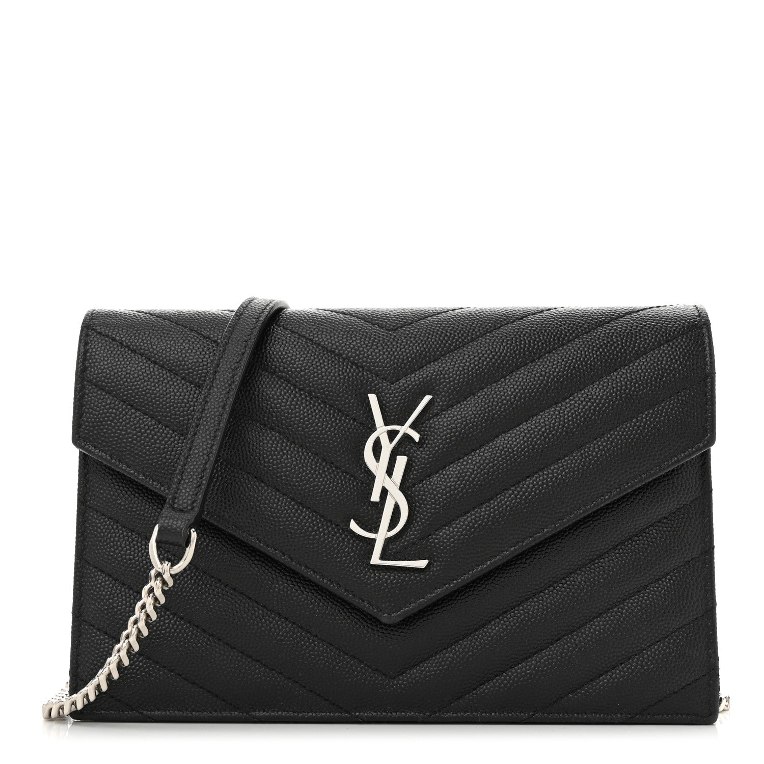 Saint Laurent Grain De Poudre Matelasse Chevron Monogram Envelope Chain Wallet Black 1 of 10