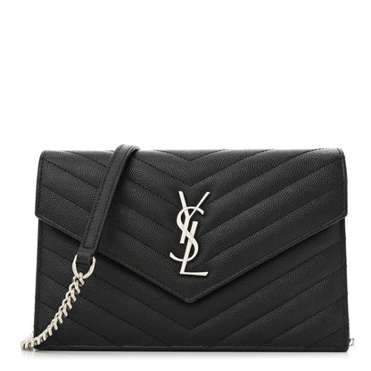 Saint Laurent Grain De Poudre Matelasse Chevron Monogram Envelope Chain Wallet Black 1 of 10