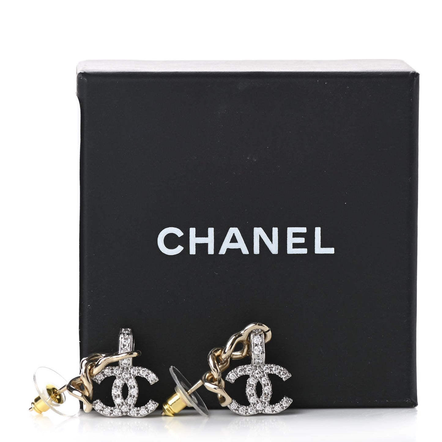 Metal Crystal CC Chain Drop Earrings Gold