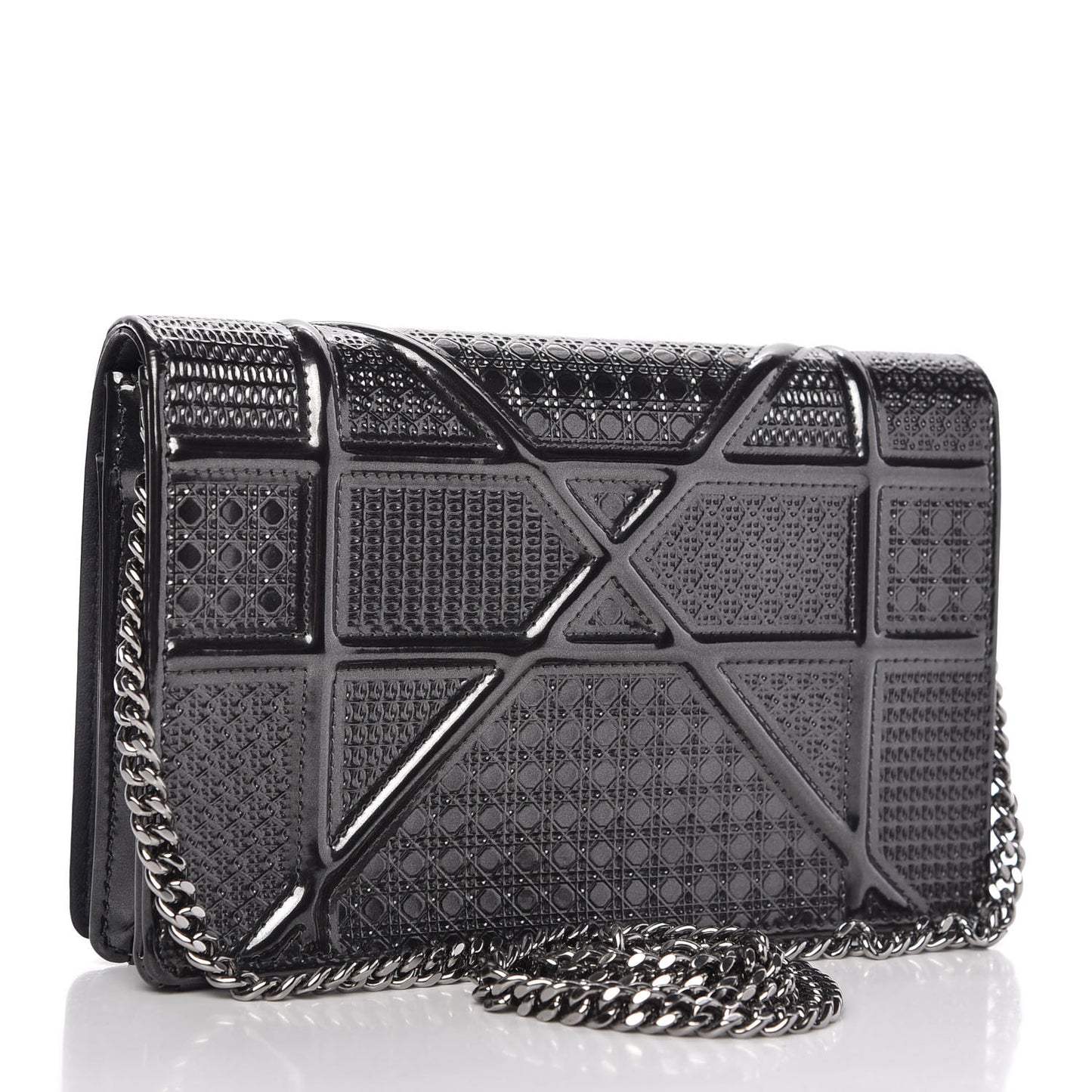 Metallic Patent Micro-Cannage Diorama Wallet on Chain Pouch Onyx Black