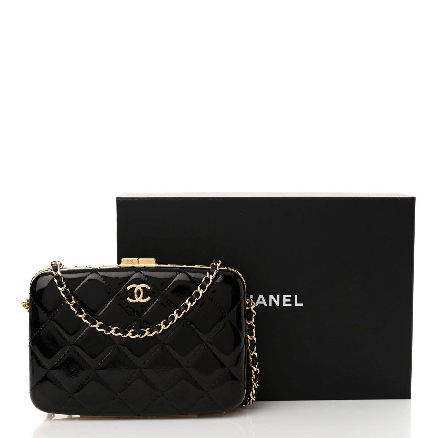 Glazed Goatskin Quilted Box With Chain Black