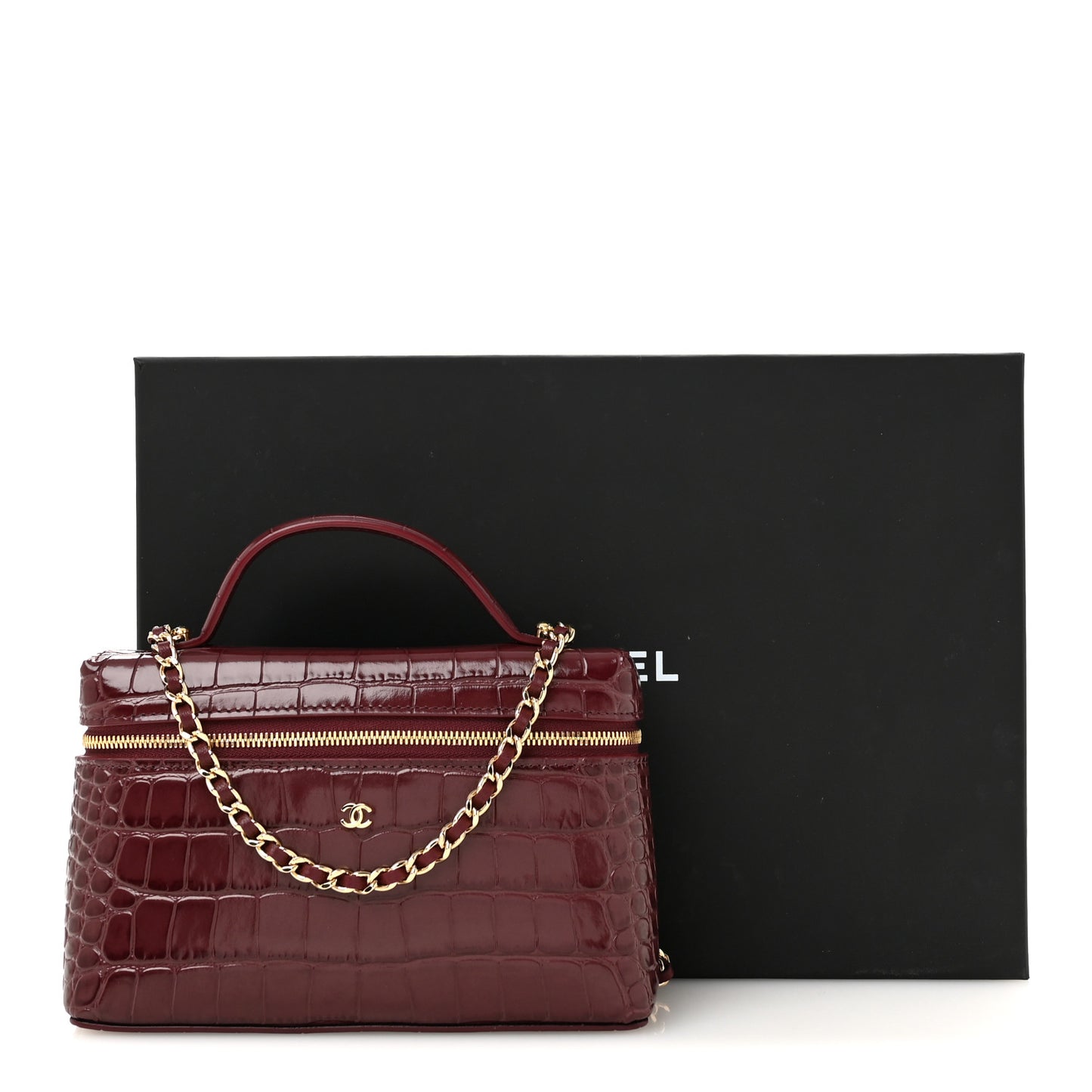 Calfskin Crocodile Embossed Crococo Top Handle Slim Vanity Case With Chain Dark Burgundy