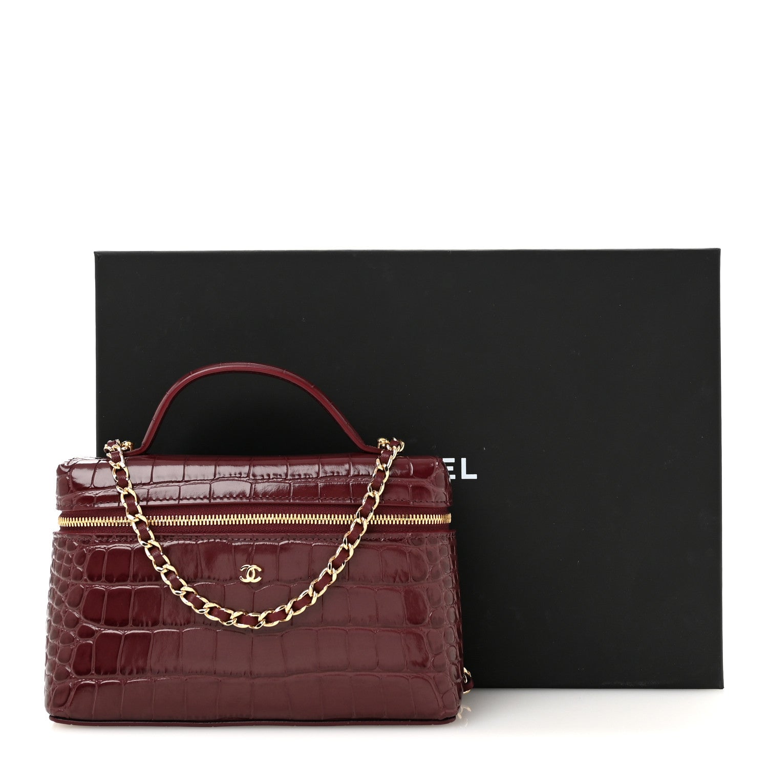 Chanel Calfskin Crocodile Embossed Crococo Top Handle Slim Vanity Case With Chain Dark Burgundy 11 of 11