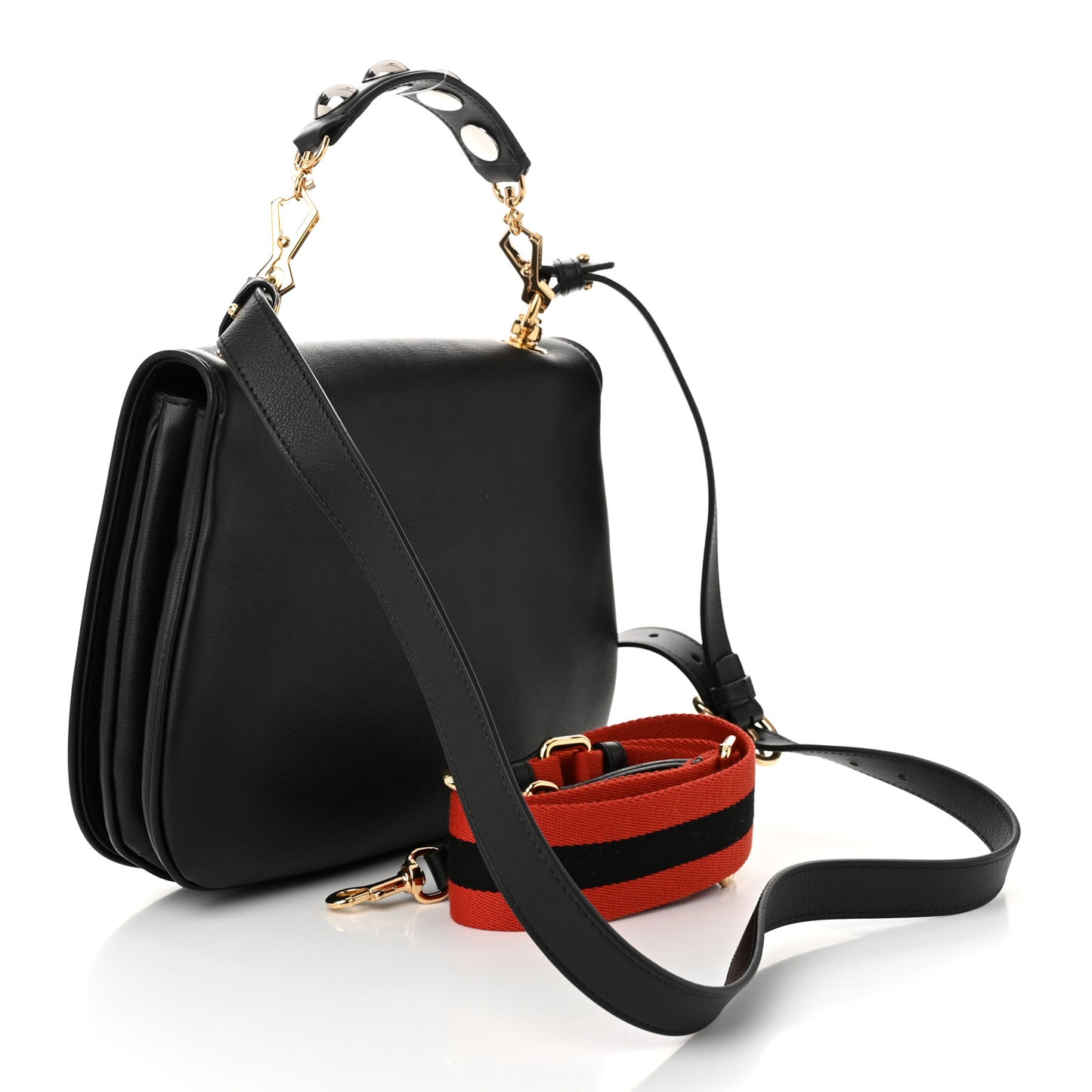 Roxy Calfskin Web Medium Studded Blondie Shoulder Flap Bag Black