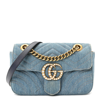 Gucci Denim Matelasse Mini Pearly GG Marmont Shoulder Bag Blue 1 of 10