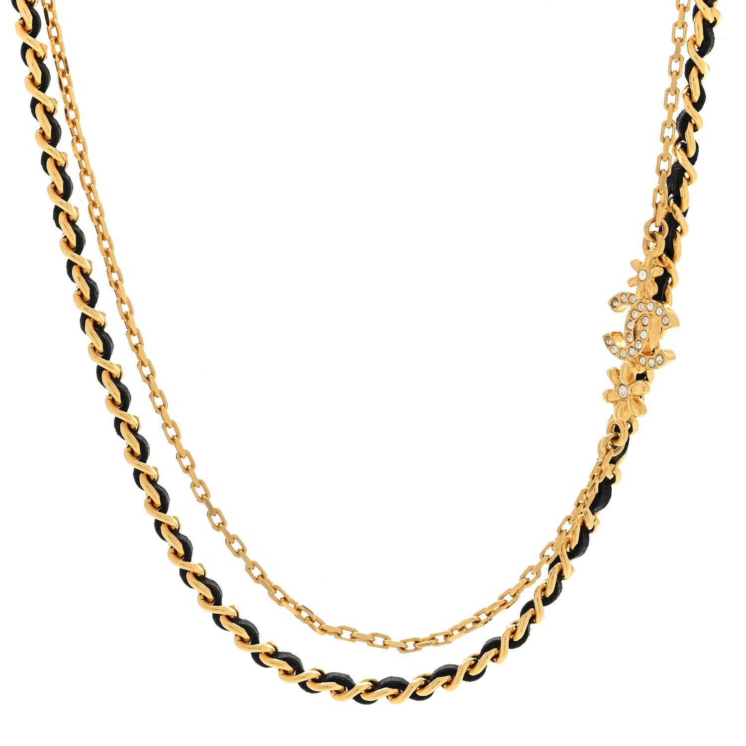 Chanel Metal Lambskin Crystal CC Double Chain Necklace Black Gold 1 of 5