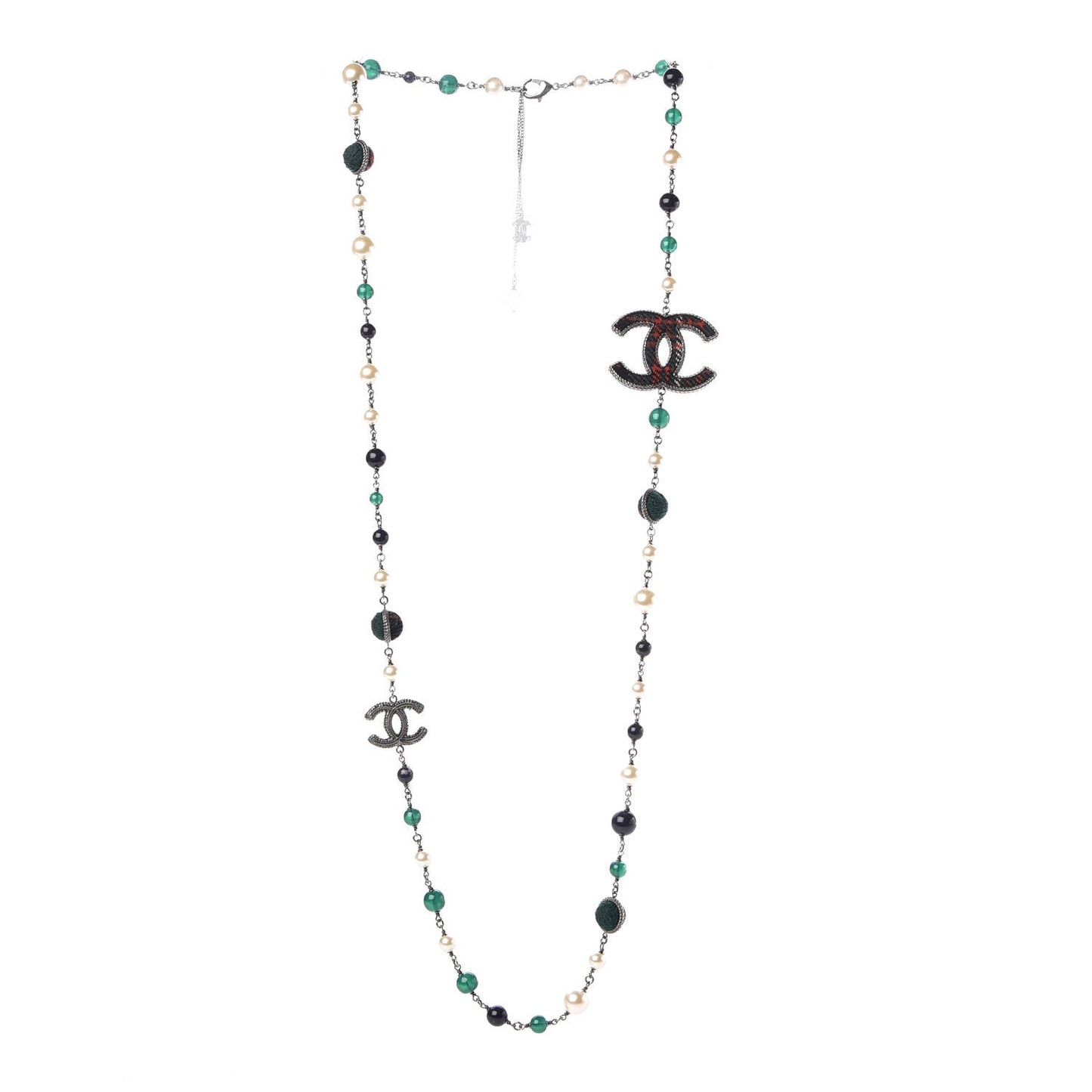 Ruthenium Bead Pearl Tweed CC Necklace Green
