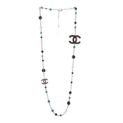 Chanel Ruthenium Bead Pearl Tweed CC Necklace Green 3 of 4