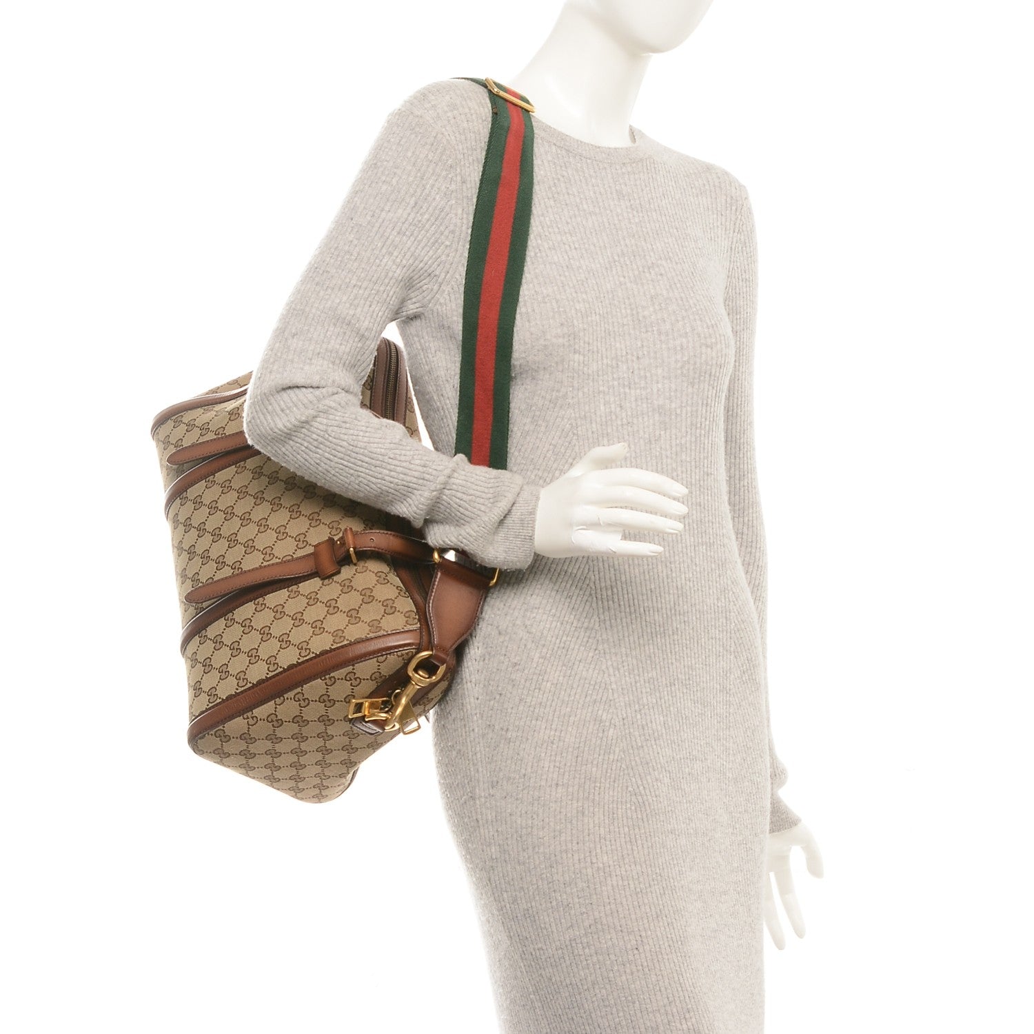 Gucci Monogram Medium Lady Web Boston Bag Beige Cuir 2 of 8