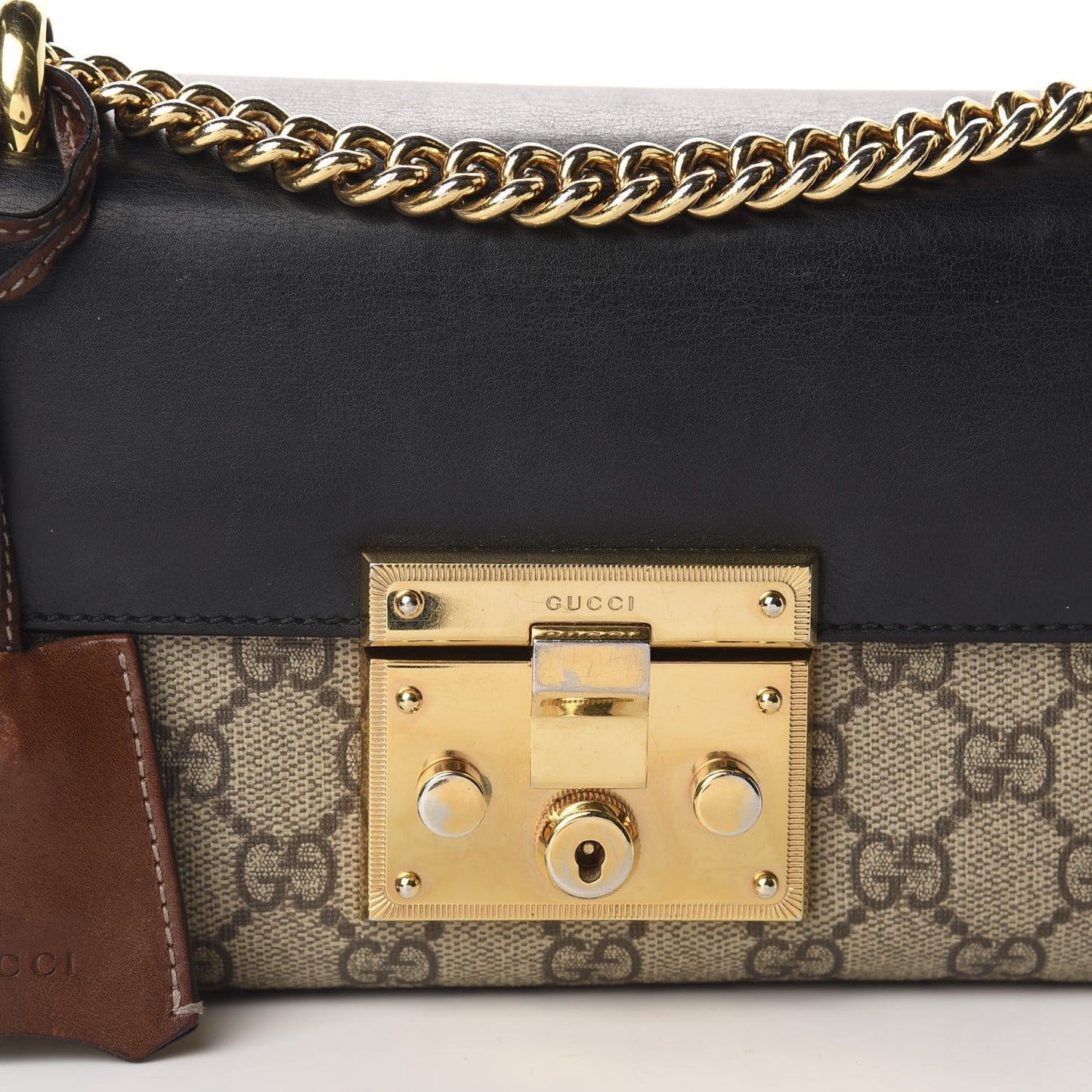 GG Supreme Monogram Calfskin Small Padlock Shoulder Bag Beige Black Cuir