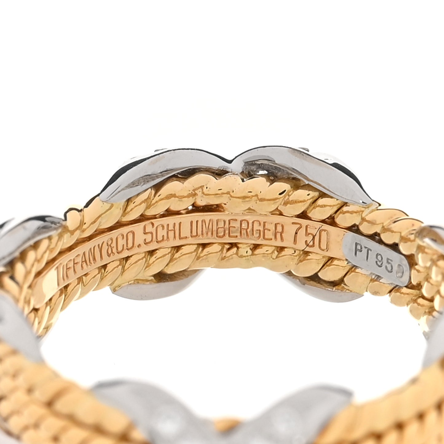 18K Yellow Gold Platinum Diamond Schlumberger Rope Three Row X Ring 52 6