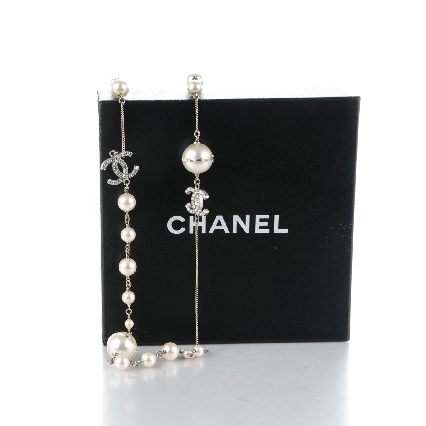 Baguette Crystal Pearl CC Long Necklace Silver