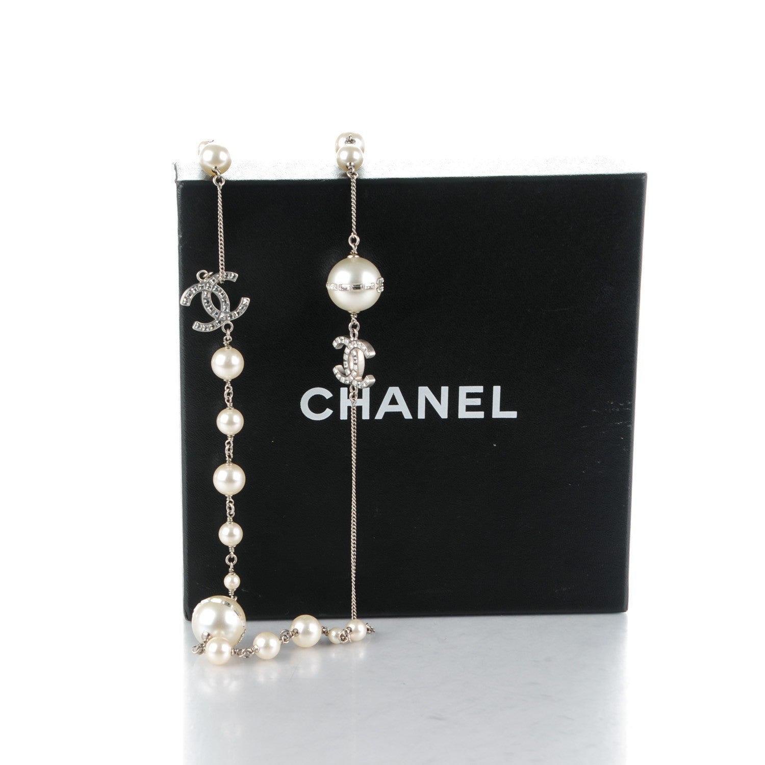 Chanel Baguette Crystal Pearl CC Long Necklace Silver 5 of 5