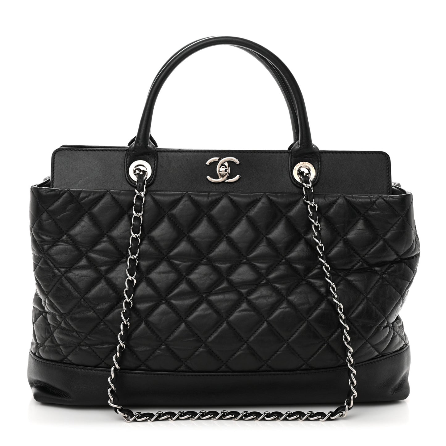 Aged Calfskin Quilted Be CC Tote Black
