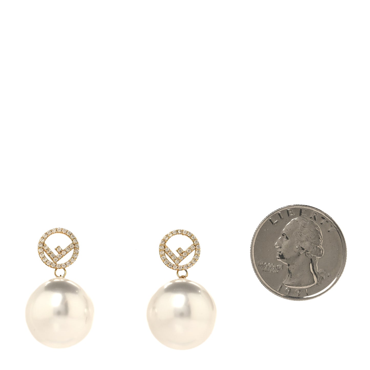 Metal Crystal Pearl Logo Drop Earrings Gold