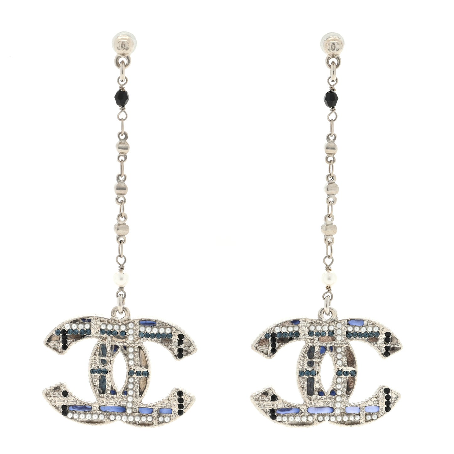 Pearl Crystal CC Tweed Drop Earrings Silver Blue Black