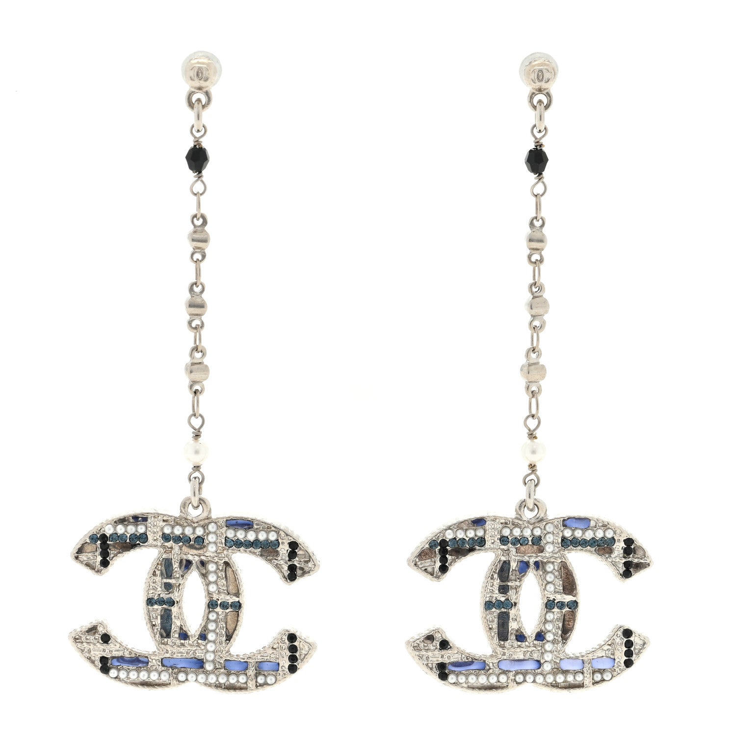 Chanel Pearl Crystal CC Tweed Drop Earrings Silver Blue Black 1 of 4