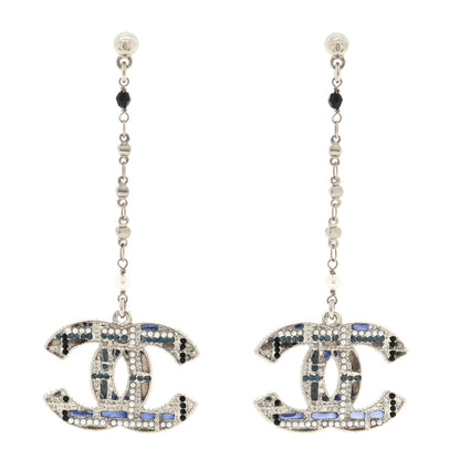 Chanel Pearl Crystal CC Tweed Drop Earrings Silver Blue Black 1 of 4