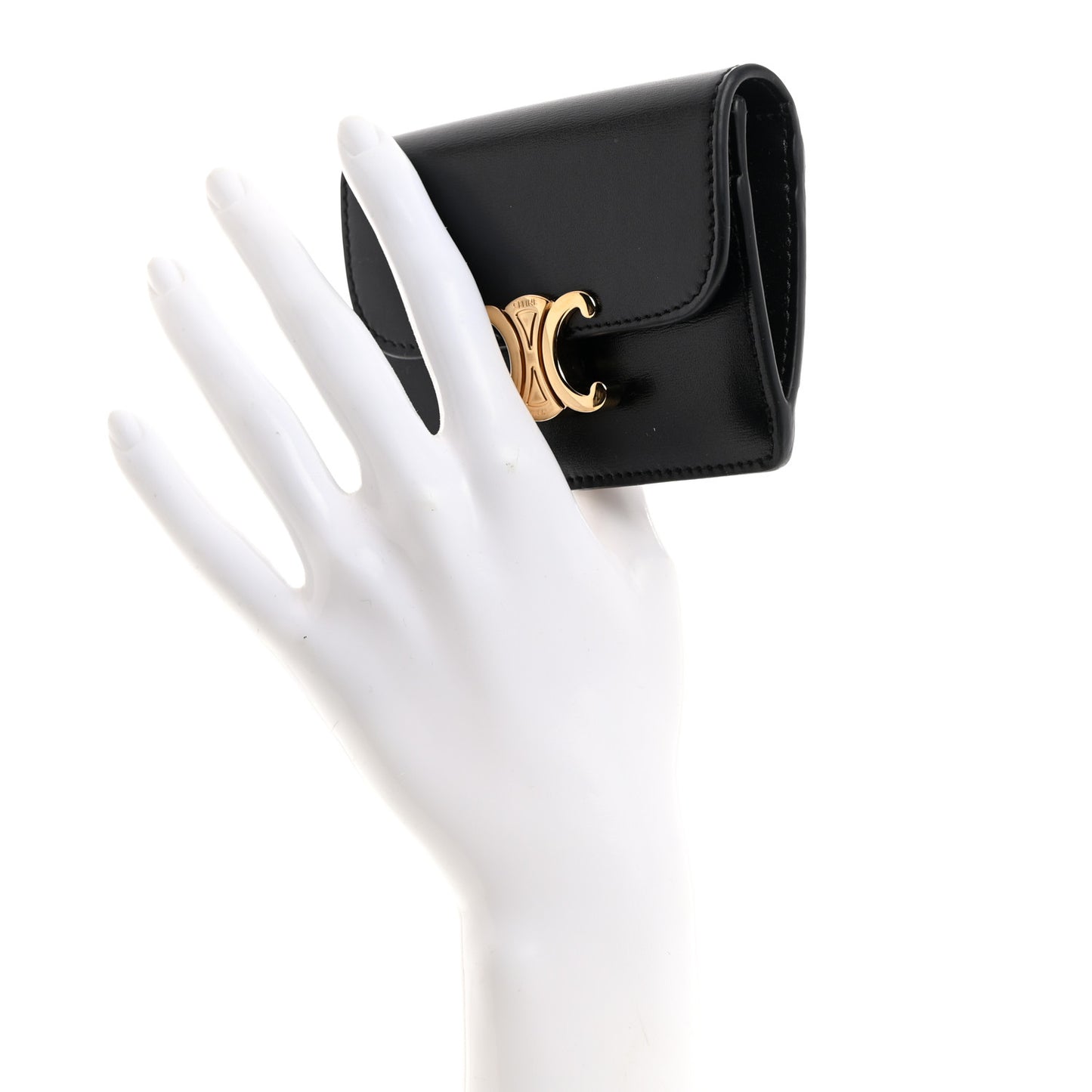 Shiny Calfskin Triomphe Flap Card Holder Black