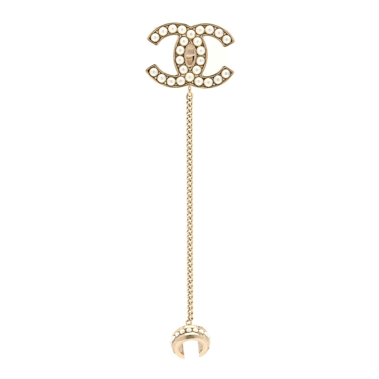 Crystal CC Chain Cuff Single Clip On Earring Gold Pearly White