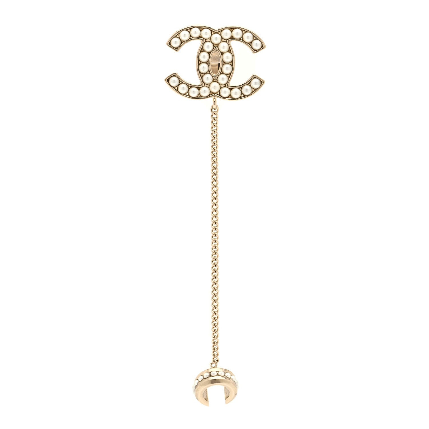 Chanel Crystal CC Chain Cuff Single Clip On Earring Gold Pearly White 1 of 5