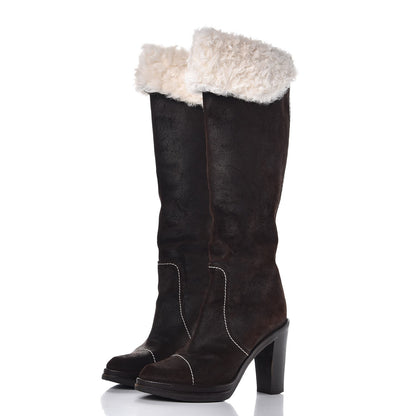 Louis Vuitton Shearling Suede Monogram Knee High Tall Boots 37 Brown 3 of 8