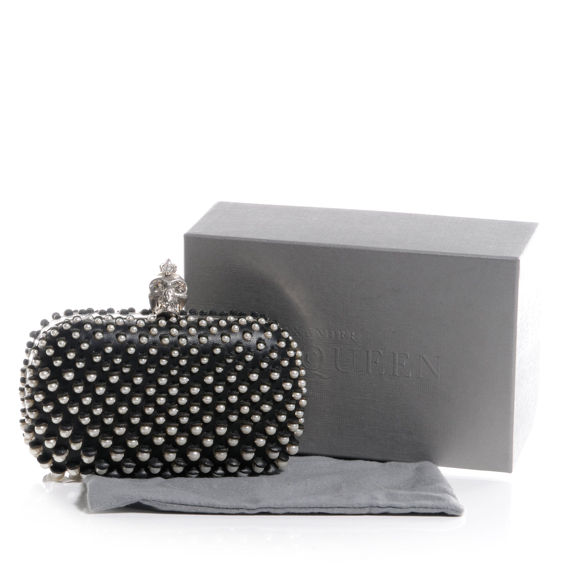 Alexander McQueen Pearl Embellished Calfskin Skull Box Clutch Black 5 of 8