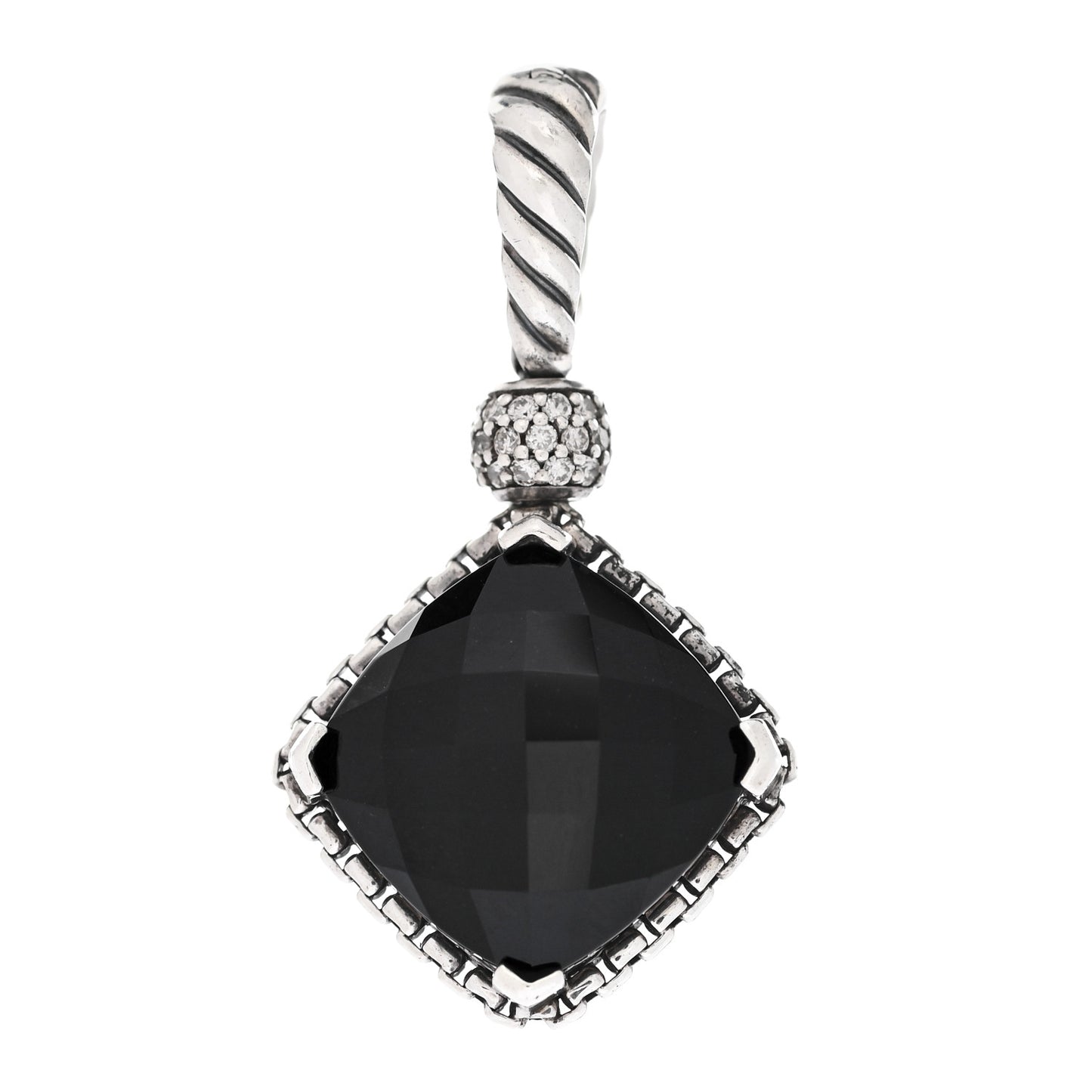 Sterling Silver Diamond Black Onyx 14mm Cushion On Point Pendant