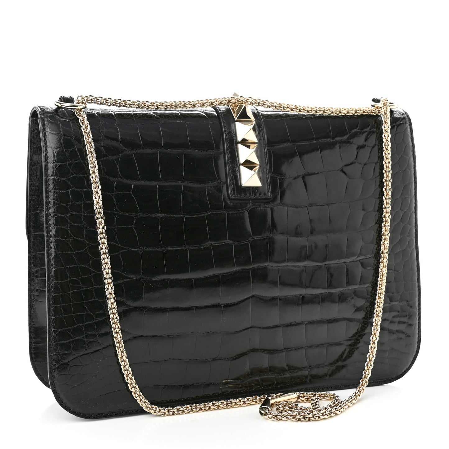 Patent Crocodile Embossed Large Glam Lock Rockstud Flap Black