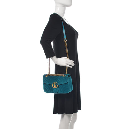Gucci Velvet Matelasse Small GG Marmont Shoulder Bag Pavone Cyan 2 of 10