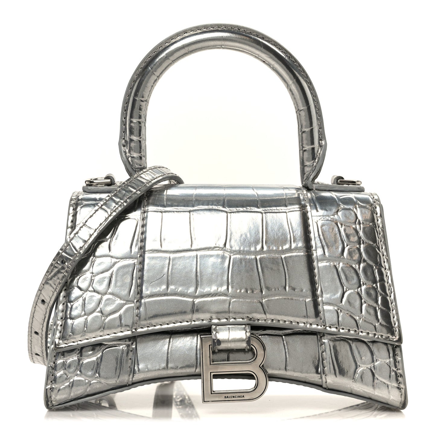Metallic Calfskin Crocodile Embossed Hourglass Top Handle Bag XS Silver