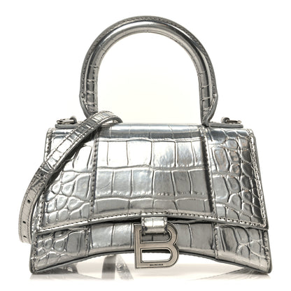 Balenciaga Metallic Calfskin Crocodile Embossed Hourglass Top Handle Bag XS Silver 1 of 10