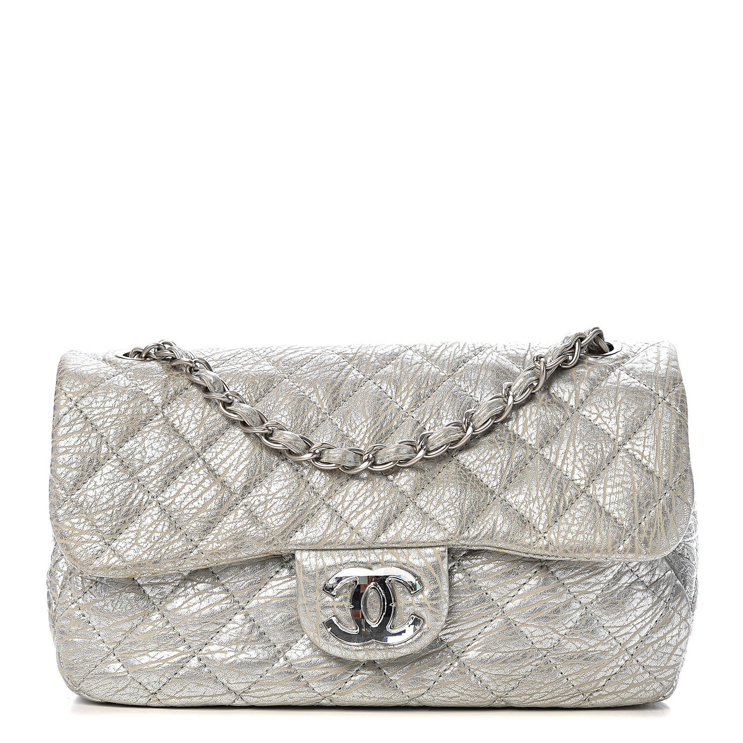 Calfskin Mirror CC Crackled Flap Silver