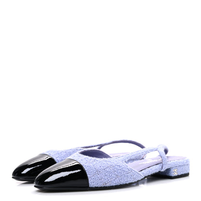 Chanel Iridescent Wool Tweed Patent Cap Toe CC Slingback Flats 39.5 Light Purple Silver Black 4 of 11