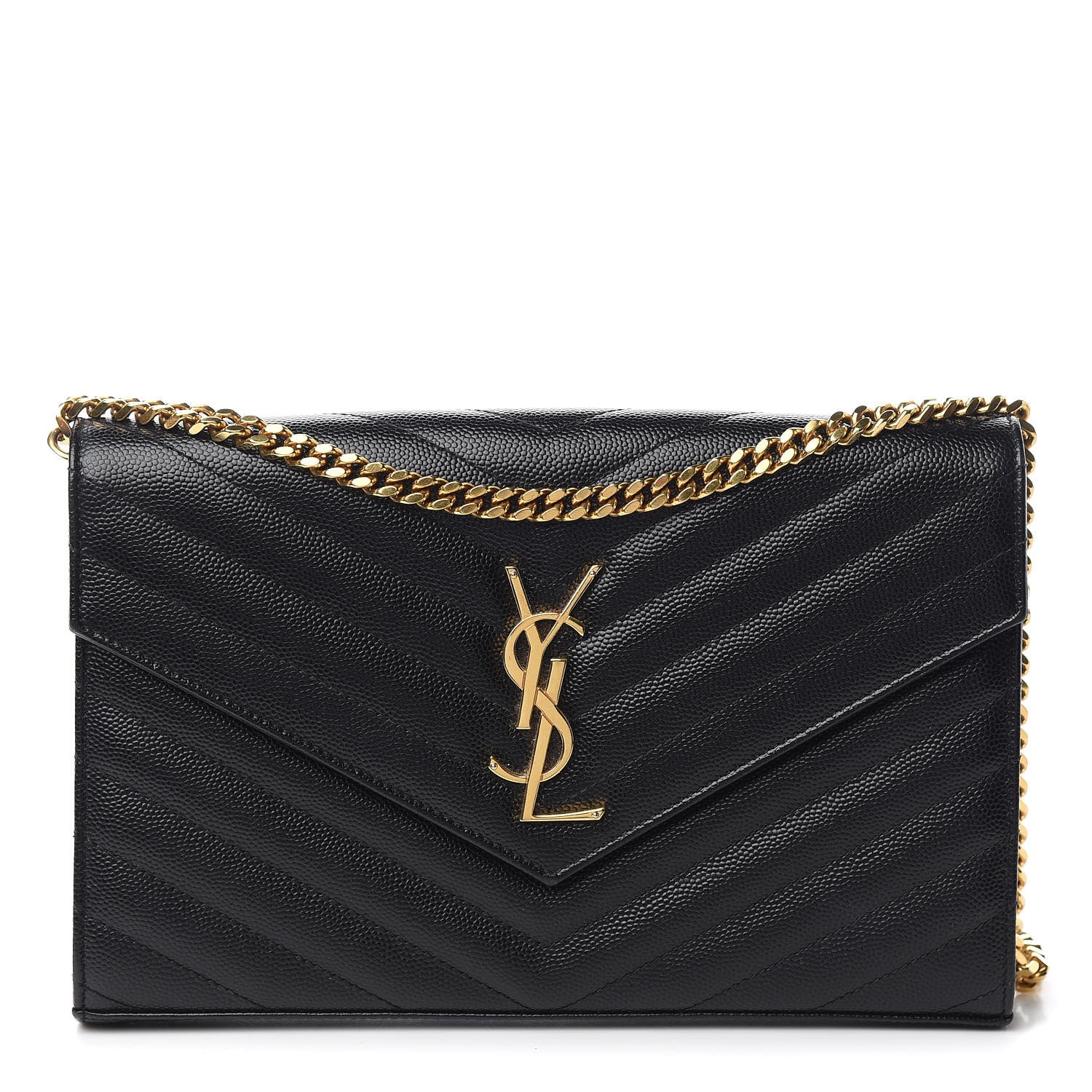 Saint Laurent Grain De Poudre Matelasse Chevron Monogram Chain Wallet Black 1 of 10