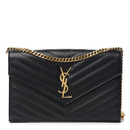 Saint Laurent Grain De Poudre Matelasse Chevron Monogram Chain Wallet Black 1 of 10